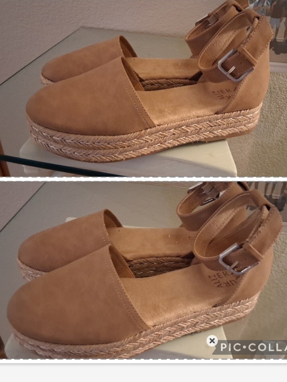 Ankle-Strap Espadrille Platform Flats in Tan